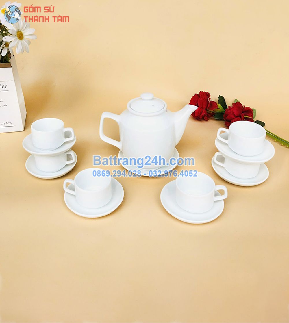 Nơi mua bộ ấm chén trắng in logo gốm sứ Bát Tràng DT 500ml - 650ml giá rẻ, chất lượng tốt