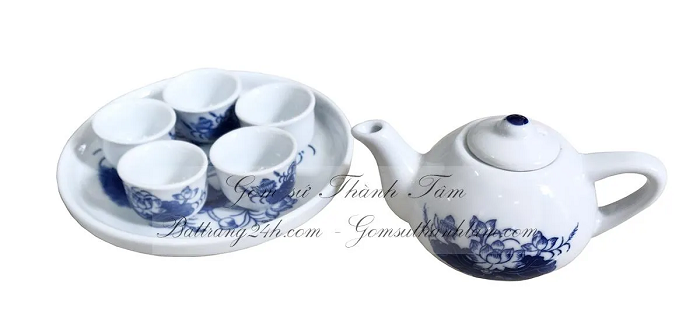 Bộ ấm chén thờ cúng mini vẽ hoa sen cao cấp Bát Tràng