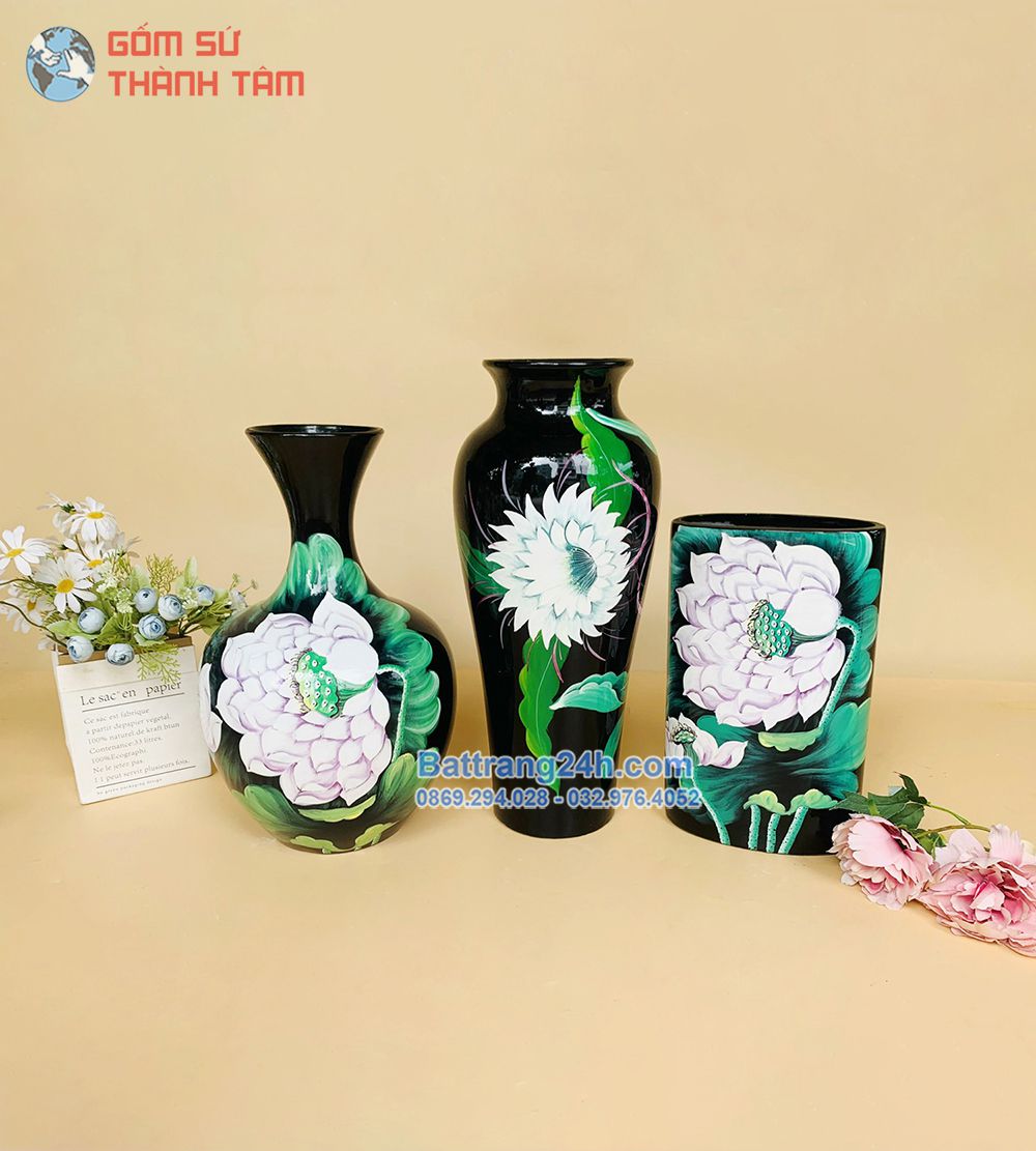 Bình hoa sơn mài màu xanh hoa văn đẹp mắt, tỉ mỉ gốm Bát Tràng cao cấp