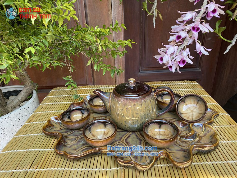 Bộ ấm trà khay hoa sen lòng ben trong men hỏa biến gốm Bát Tràng cao cấp, giá rẻ