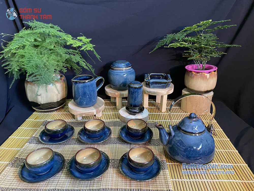 Bộ ấm trà men hỏa biến màu xanh gốm gốm sứ Bát Tràng chất lượng cao cấp, đẹp