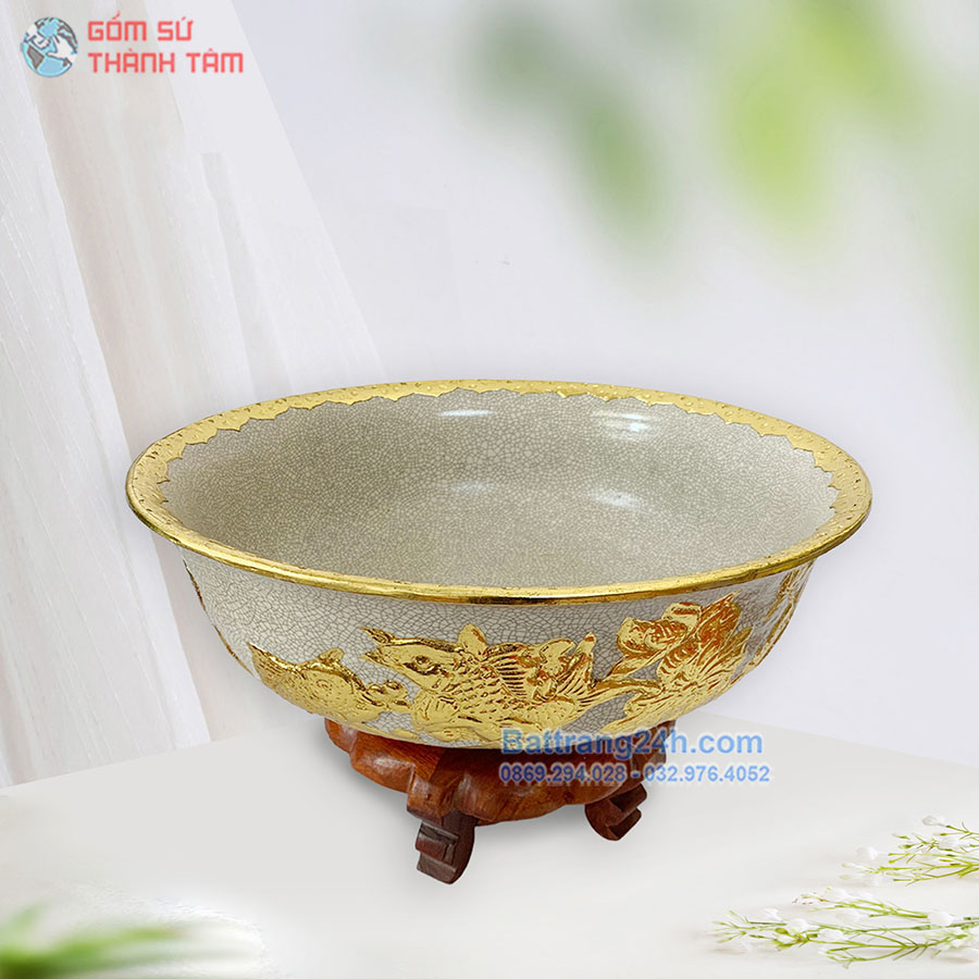 Mua bát thả sen gốm sứ Bát Tràng men rạn dát vàng sen cá cao cấp