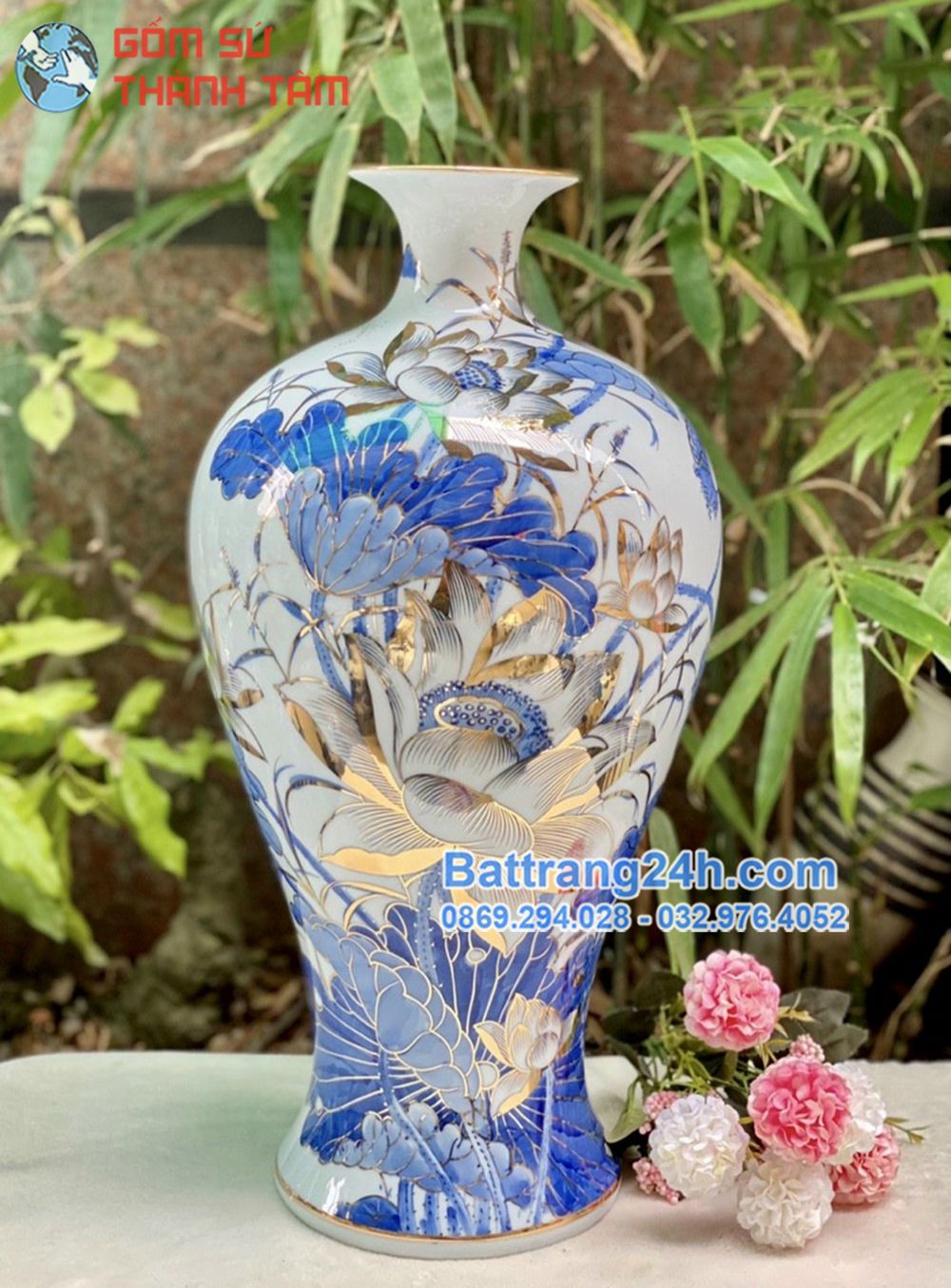 Nơi mua bình tụ khí tài lộc dát vàng vẽ hoa sen gốm Bát Tràng cao cấp, làm quà tặng, quà biếu ý nghĩa
