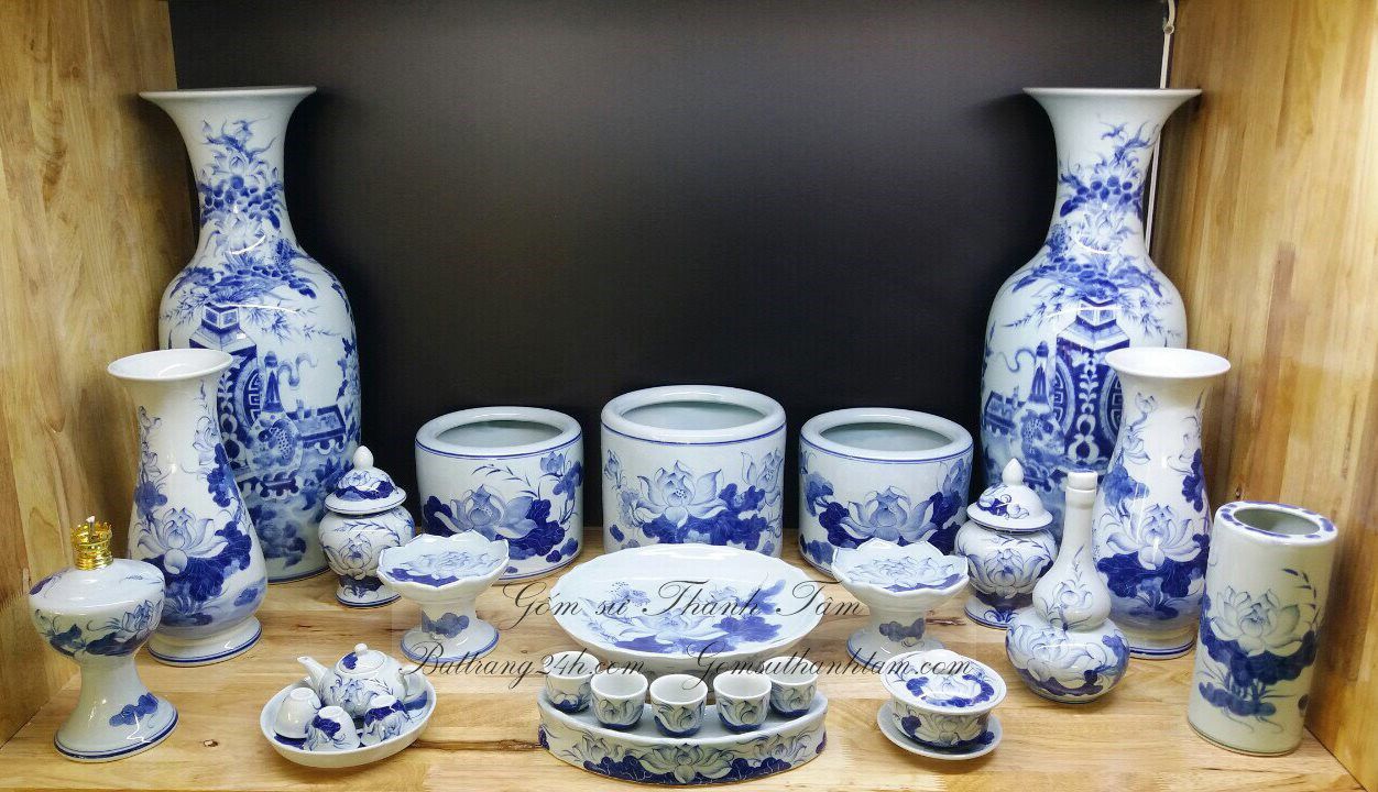 Bán bộ đồ thờ vẽ hoa sen cao cấp tỉ mỉ, bộ đồ gốm sứ Bát Tràng chất lượng giá rẻ nhất