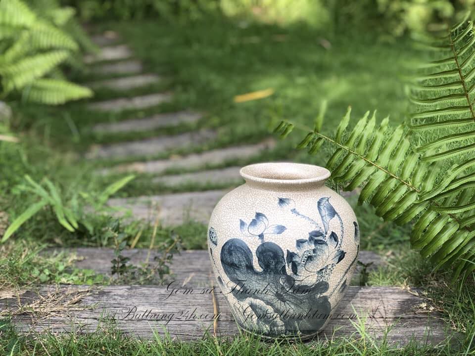 Bình hoa gốm sứ Bát Tràng men rạn cổ vẽ hoa sen, bình hoa đẹp cao cấp chất lượng