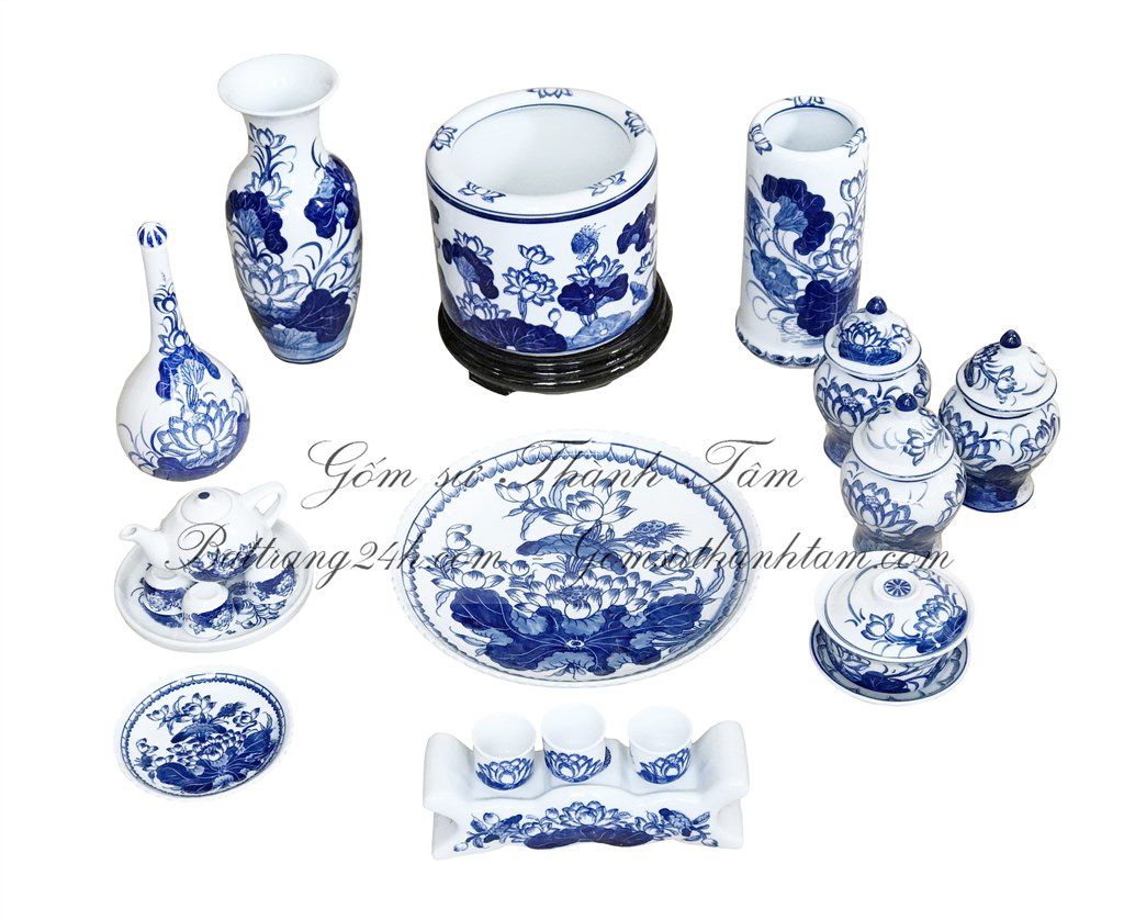 Bộ đồ thờ cúng vẽ hoa sen gốm sứ Bát Tràng hàng loại 1, bộ đồ thờ chất lượng nhất, đẹp mắt tỉ mỉ cao cấp