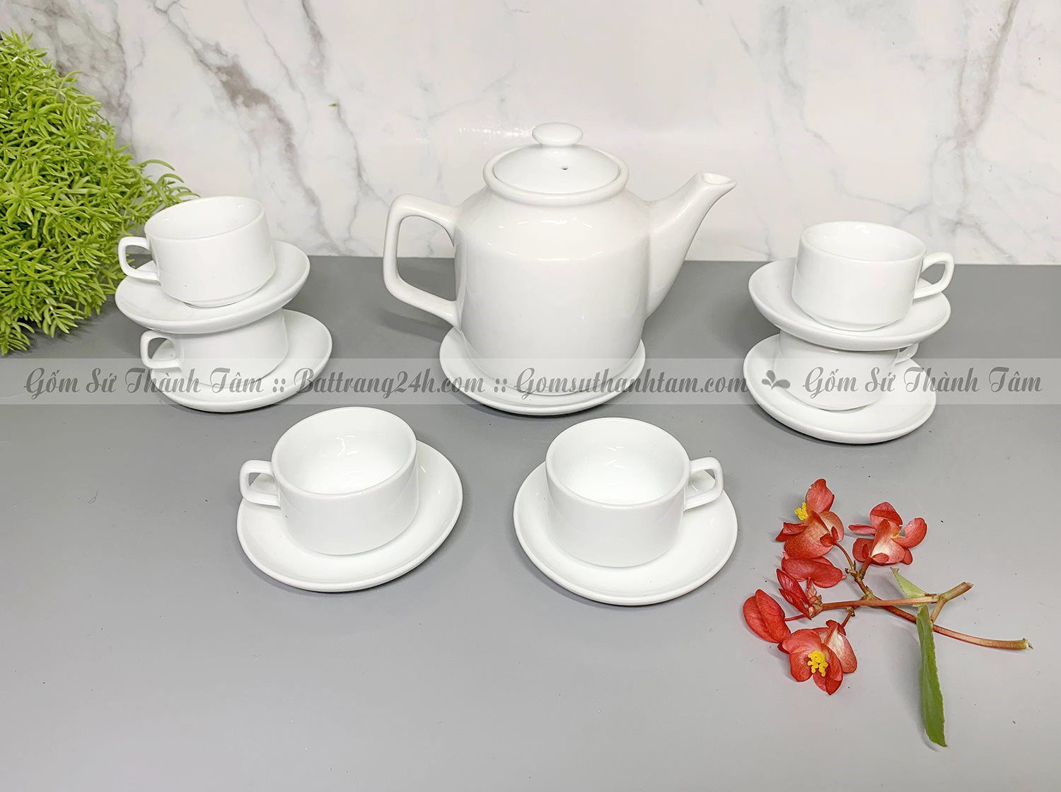 Bộ ấm chén trắng in logo làm quà tặng, quà biếu giá rẻ
