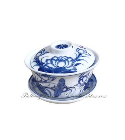 Bộ bát cúng trà sâm cao cấp vẽ hoa sen tỉ mỉ, sắc nét
