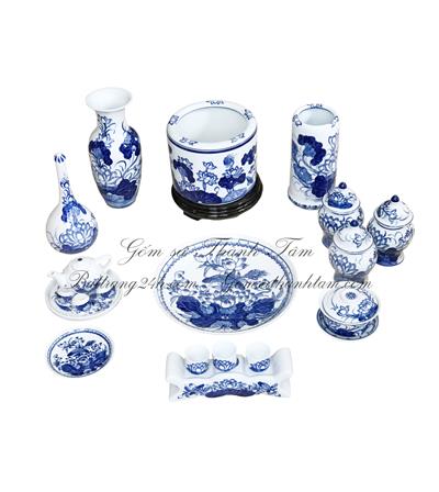 Bộ đồ thờ GIA TIÊN vẽ HOA SEN bằng gốm Bát Tràng cao cấp