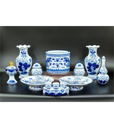Bộ đồ thờ cơ bản 1 bát hương men xanh vẽ Sen 10 món