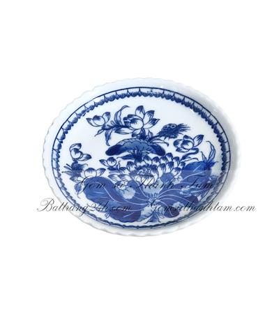 Đĩa đựng trầu cau bàn thờ vẽ hoa Sen gốm sứ Bát Tràng cao cấp